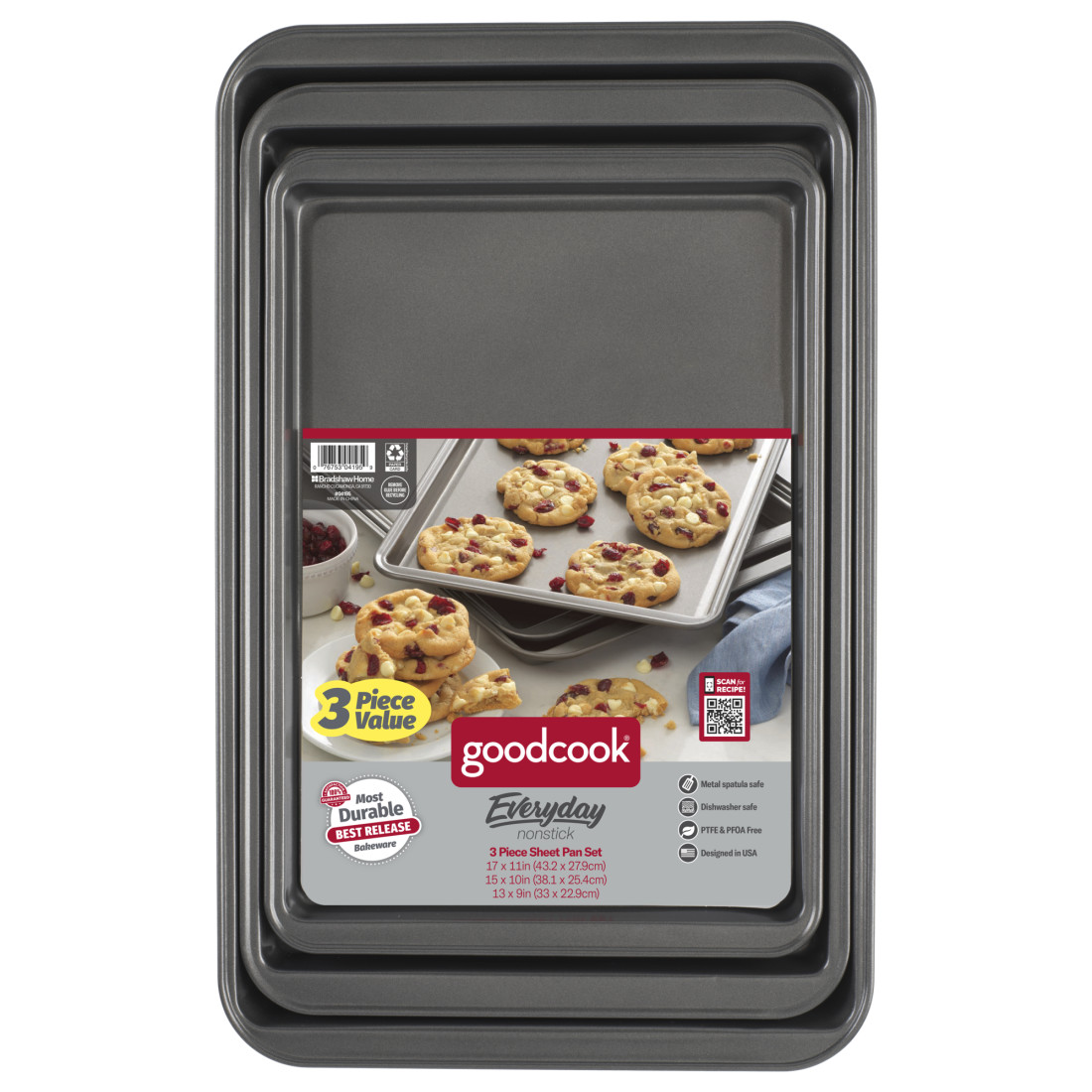 GoodCook Everyday Nonstick Steel 3pc Baking Sheet Set , 17 x 11, 15 x 10  and 9 x 13, Gray - GoodCook