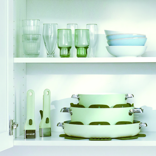 Storage image of Removable Handle nonstick cookware in a cabinet