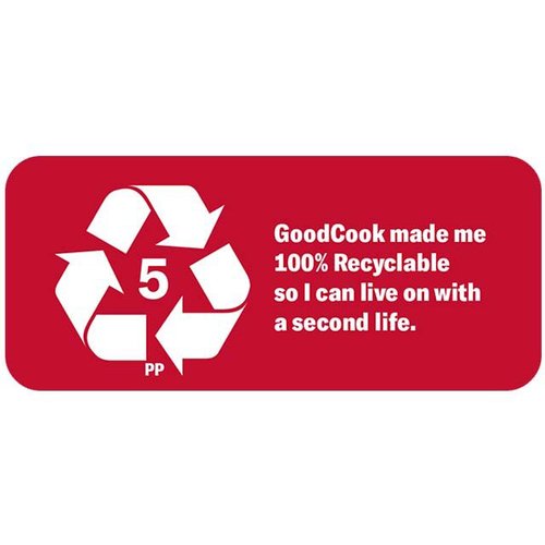 The recycle logo with the text: "GoodCook make me 100% recyclable so I can live on with a second life."