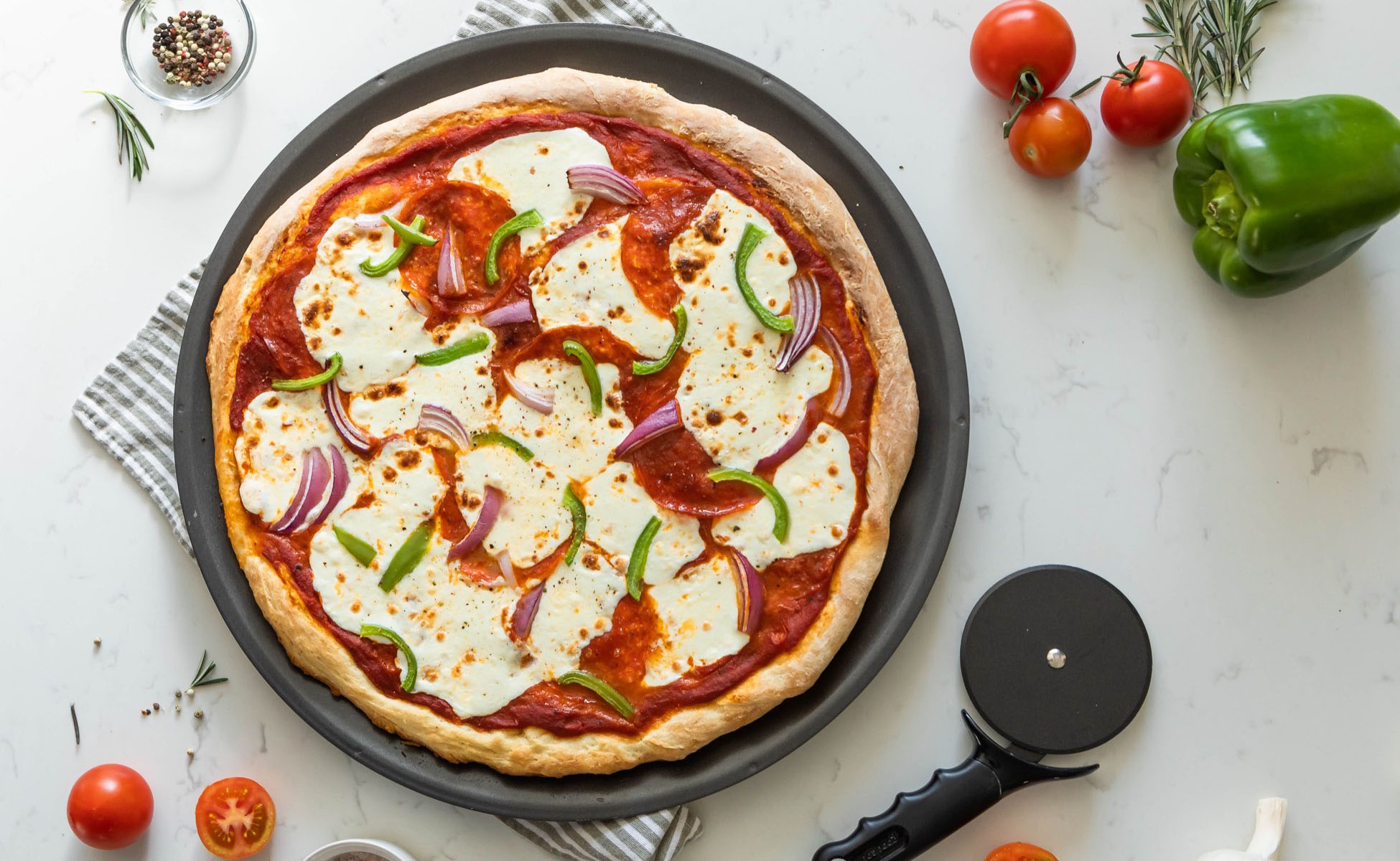 Pepperoni, Red Onion, Green Pepper Pizza with Fresh Mozzarella GoodCook